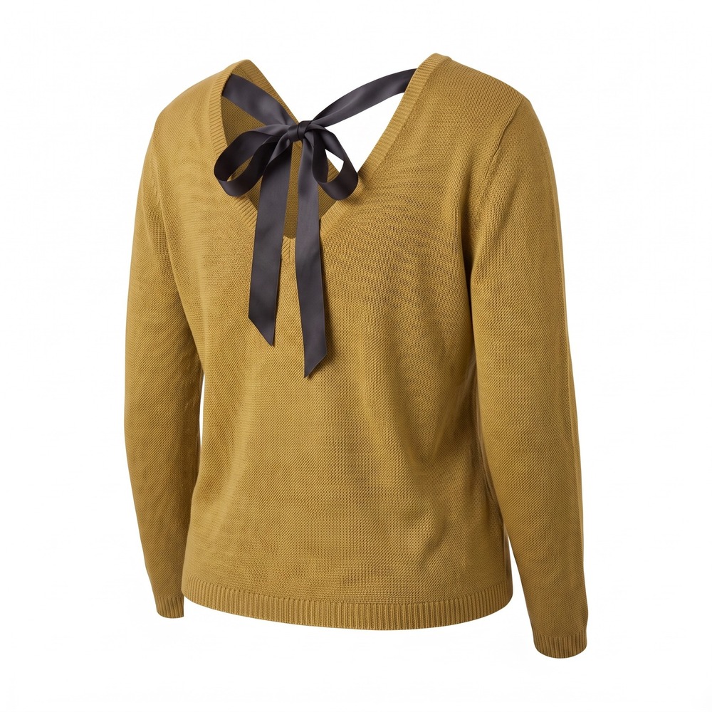 Charly VBack Ribbon Tie Sweater S/M Mustard Yellow Open Knit Coquette Balletcore